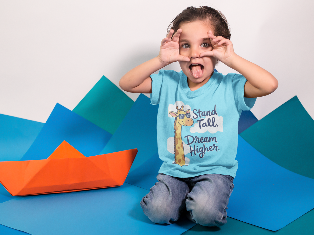 stand tall dream higher giraffe kids t-shirt- sky blue