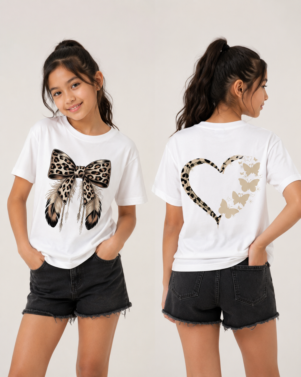 Leopard bow feather kids t-shirt