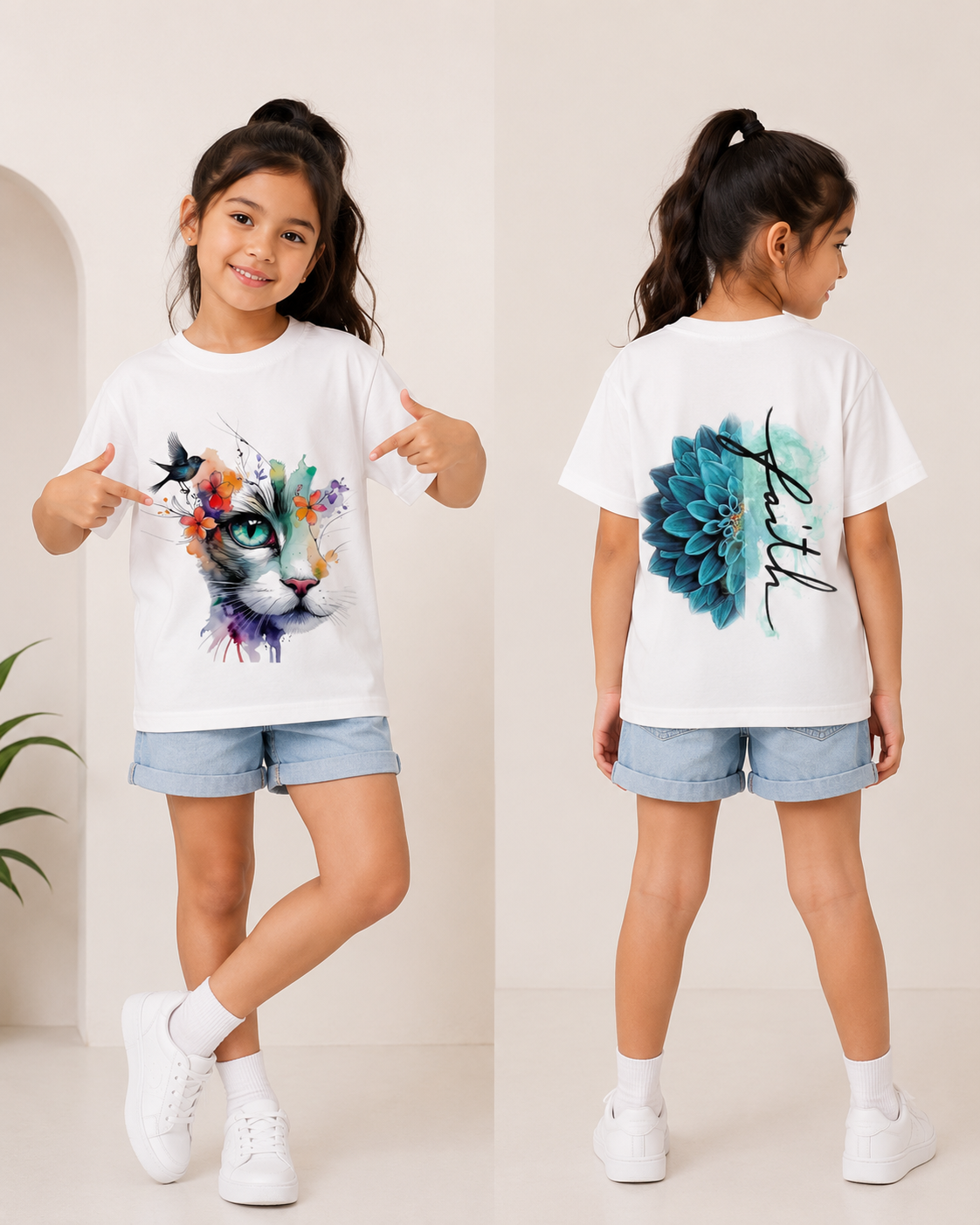 watercolour cat kids t-shirt